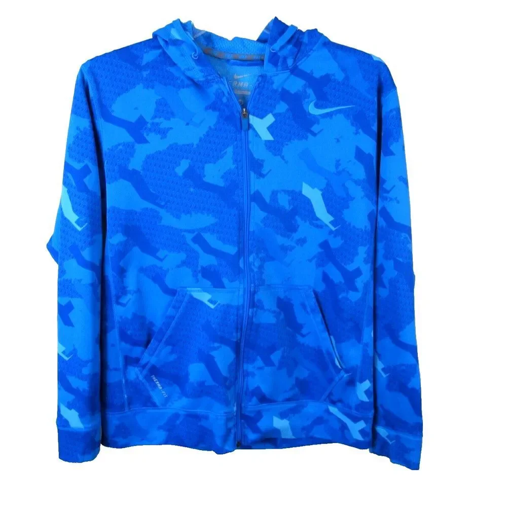 Nike Full Zip Hooded Long Sleeve Sweatshirt Men's Medium Blue Geometric Print